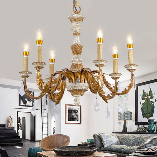 Gold Crystal Chandelier - Traditional 6-Light Hanging Fixture For Living Room