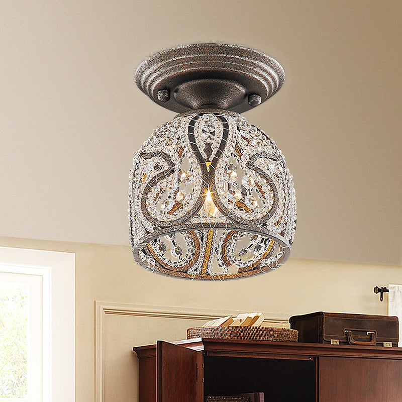 Rustic Crystal and Metal Semi Flush Mount Dome Corridor Ceiling Light, Bronze Finish, 1 Light