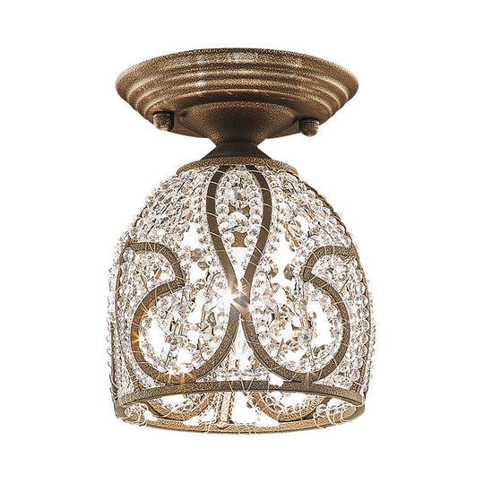 Rustic Crystal and Metal Semi Flush Mount Dome Corridor Ceiling Light, Bronze Finish, 1 Light