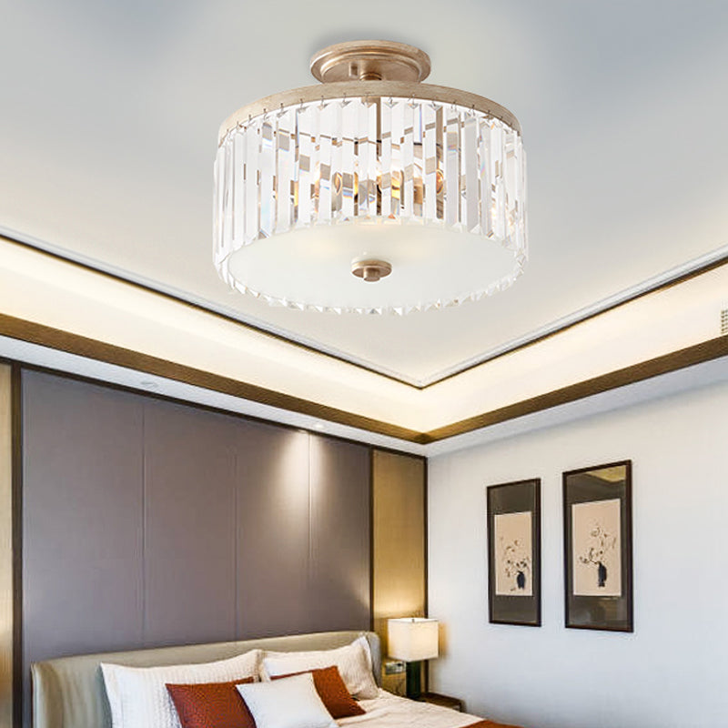 Vintage Crystal Block Ceiling Light with Clear Crystal Design - 3 Lights, Semi Flush Mount for Bedroom Drum Styling