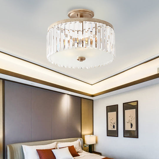 Vintage Drum Bedroom Semi Flush Mounted Ceiling Light - Clear Crystal Block Design With 3 Lights