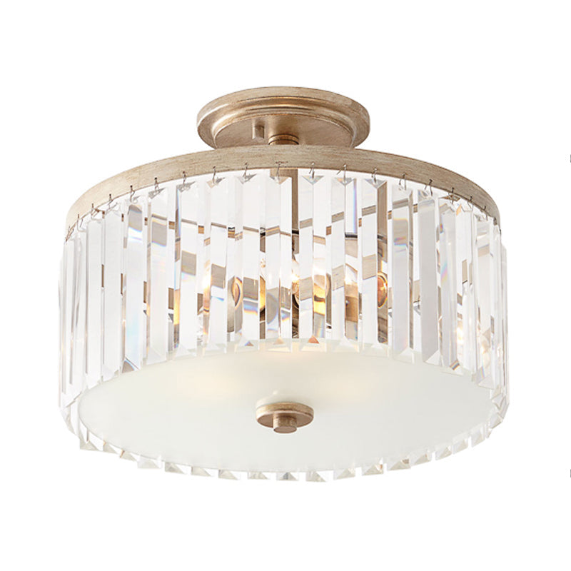 Vintage Drum Bedroom Semi Flush Mounted Ceiling Light - Clear Crystal Block Design With 3 Lights