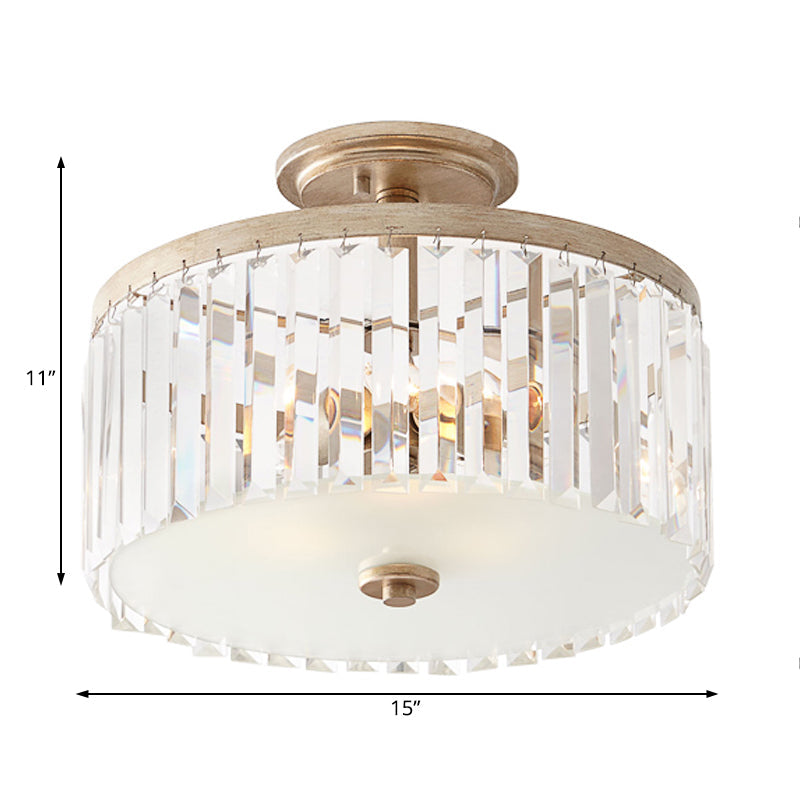 Vintage Drum Bedroom Semi Flush Mounted Ceiling Light - Clear Crystal Block Design With 3 Lights