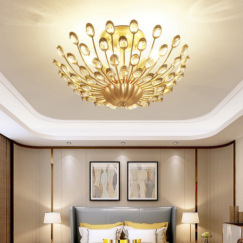 Gold Vintage Peacock Crystal Semi Flush Mount Bedroom Ceiling Light With 3 Lightsfixture