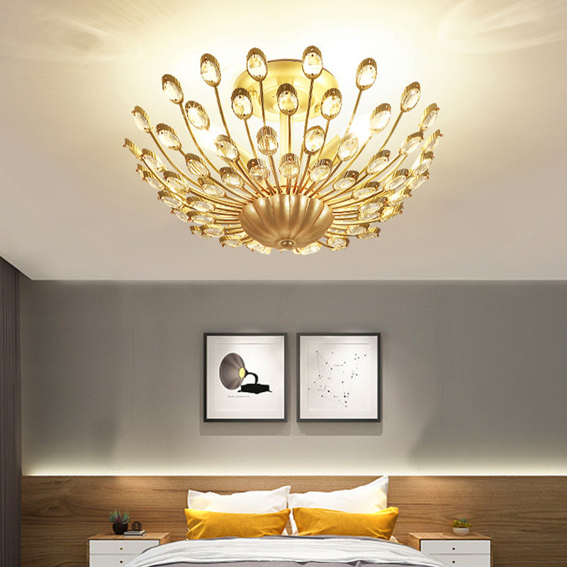 Gold Vintage Peacock Crystal Semi Flush Mount Bedroom Ceiling Light with 3 Lights"Fixture