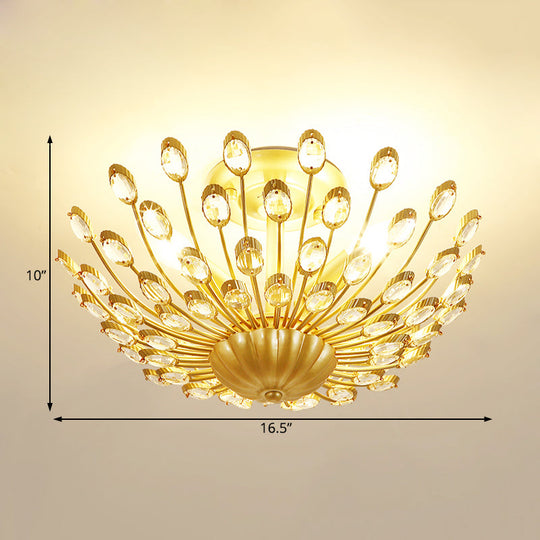 Gold Vintage Peacock Crystal Semi Flush Mount Bedroom Ceiling Light with 3 Lights"Fixture