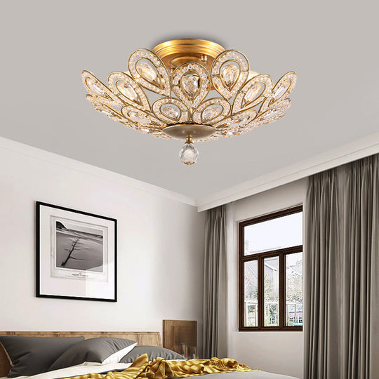 Traditional Gold Metal and Crystal Bowl Semi Flush Ceiling Light - 3 Lights