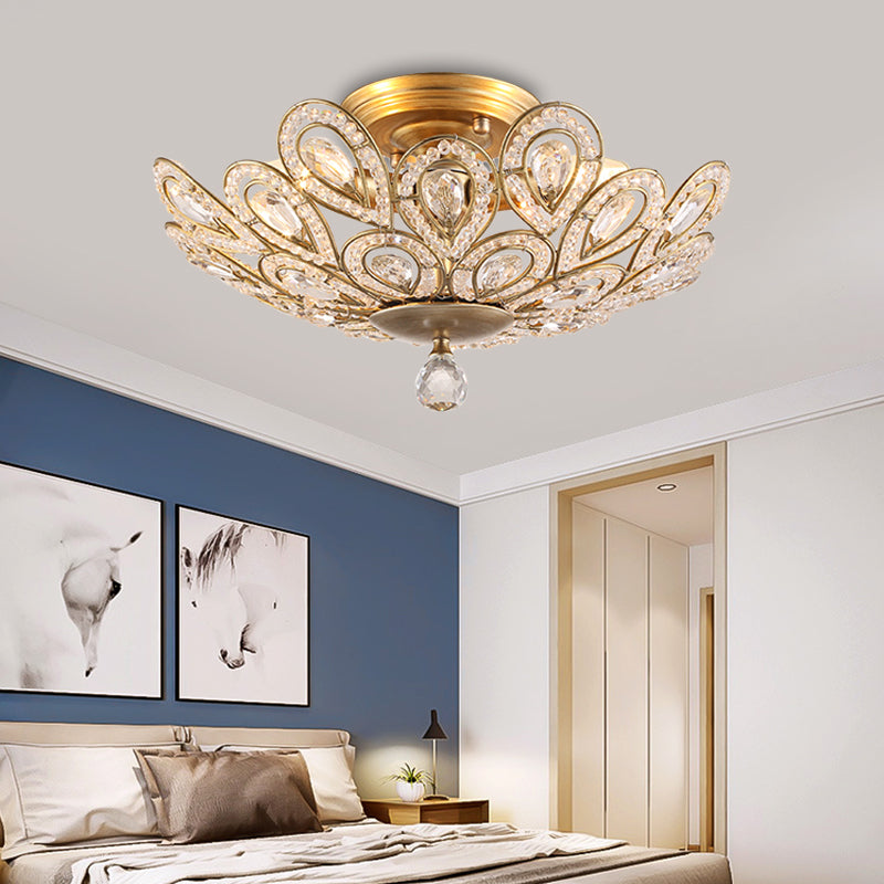 Traditional Gold Metal and Crystal Bowl Semi Flush Ceiling Light - 3 Lights