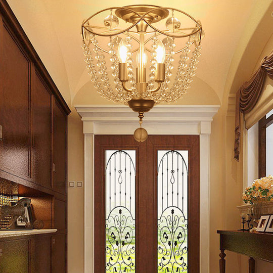 Gold Metal Semi Flush Ceiling Light with Crystal Strand - Traditional Hallway Lighting, 3 Bulbs