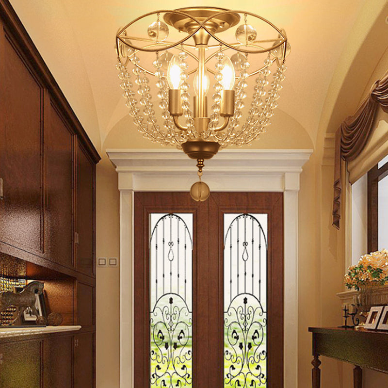 Gold Metal Semi Flush Ceiling Light With Crystal Strand - Traditional Hallway Lighting 3 Bulbs