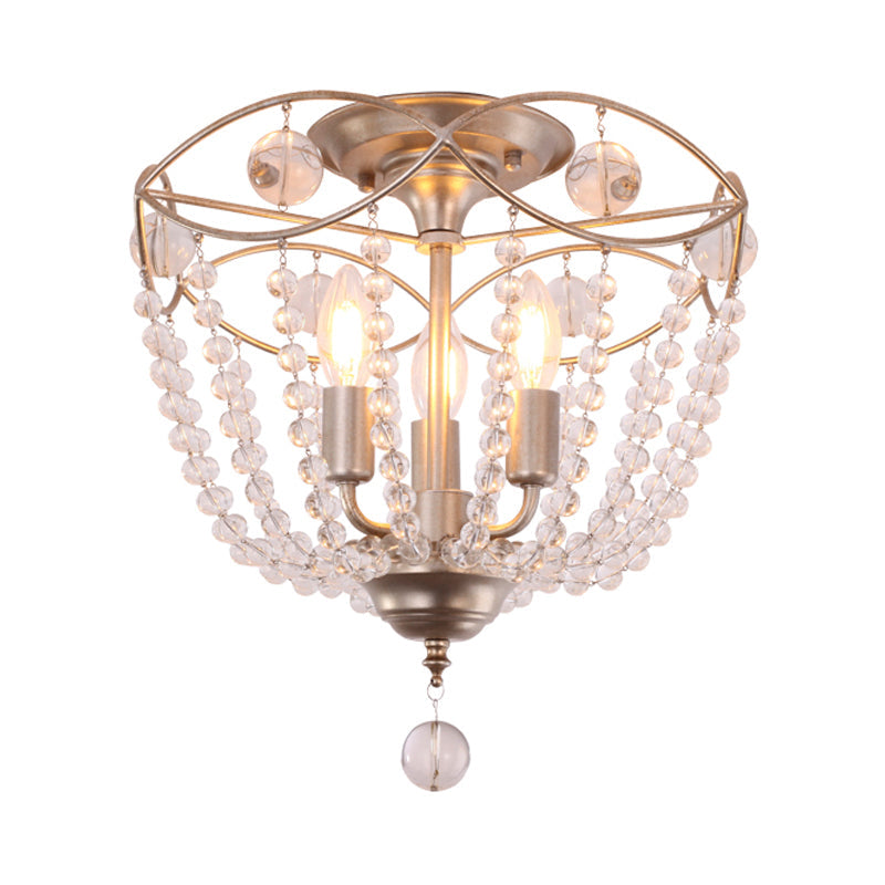 Gold Metal Semi Flush Ceiling Light with Crystal Strand - Traditional Hallway Lighting, 3 Bulbs