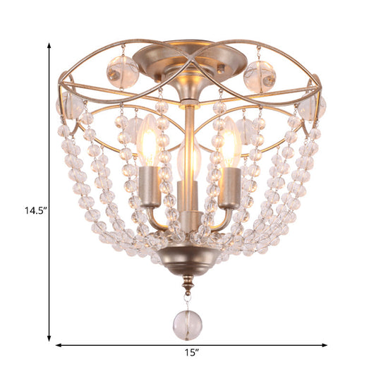 Gold Metal Semi Flush Ceiling Light with Crystal Strand - Traditional Hallway Lighting, 3 Bulbs