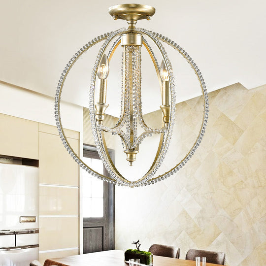 Rustic Orb Metal Semi Flush Mount Ceiling Light with Crystal Accents - 3 Lights, Brass Finish