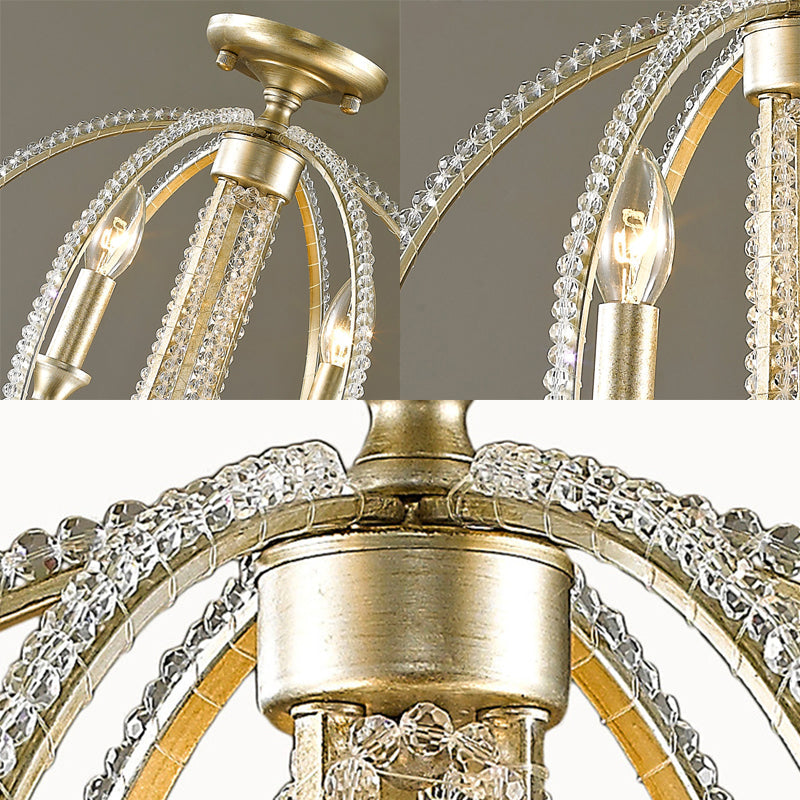 Rustic Orb Metal Semi Flush Mount Ceiling Light with Crystal Accents - 3 Lights, Brass Finish