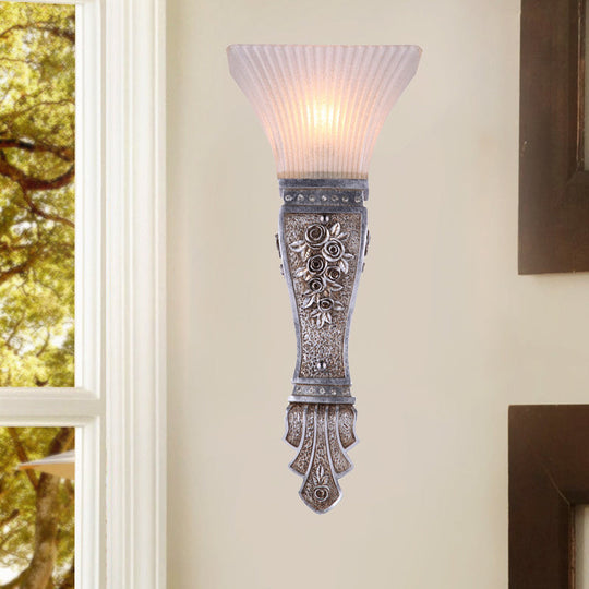 Rustic Corridor Sconce Light - Ribbed Glass Flared Wall Mount With Silver Base