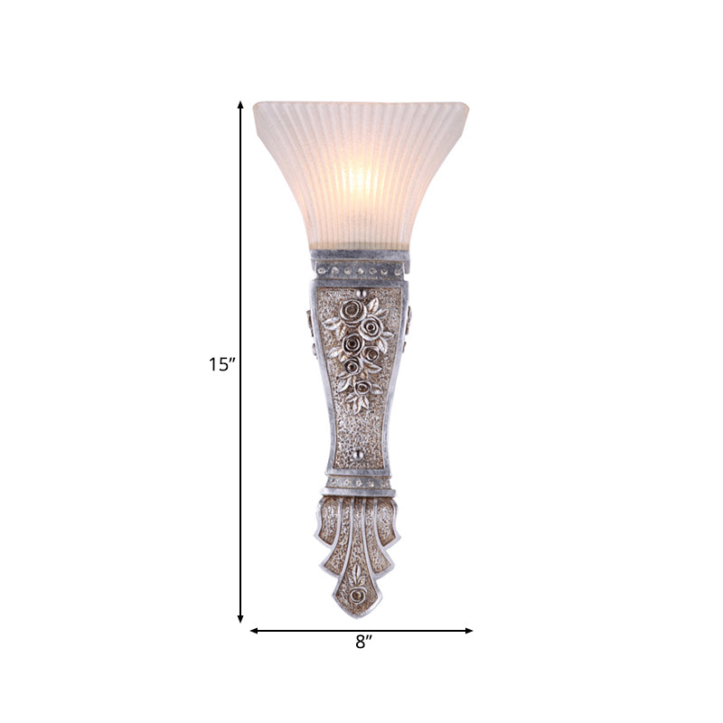 Rustic Corridor Sconce Light - Ribbed Glass Flared Wall Mount With Silver Base