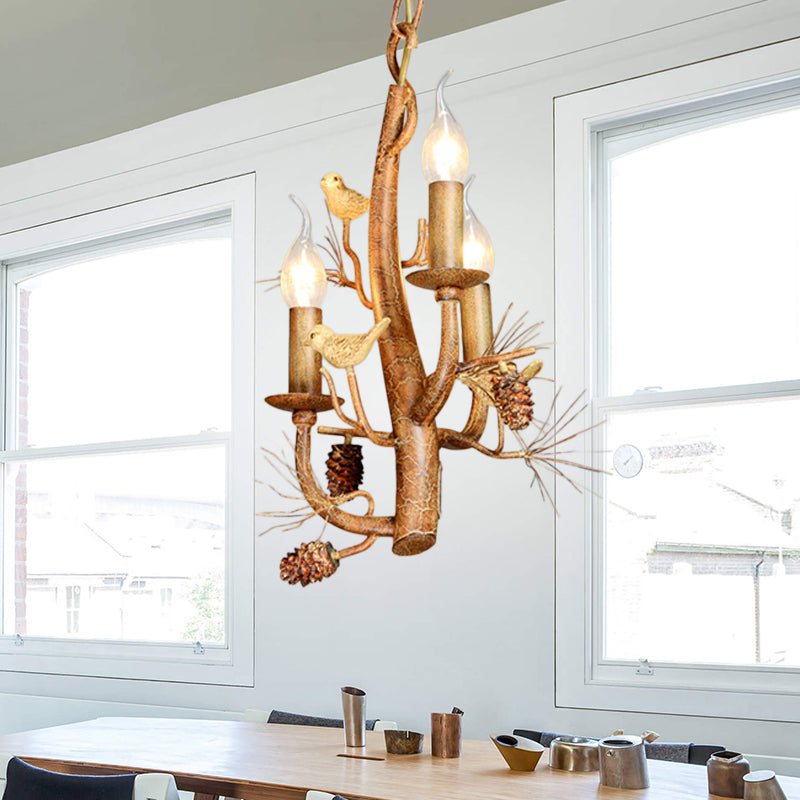 Rustic Metal Chandelier With Candle Dining Room Ceiling Fixture - 3/5 Lights Wood Hanging Design