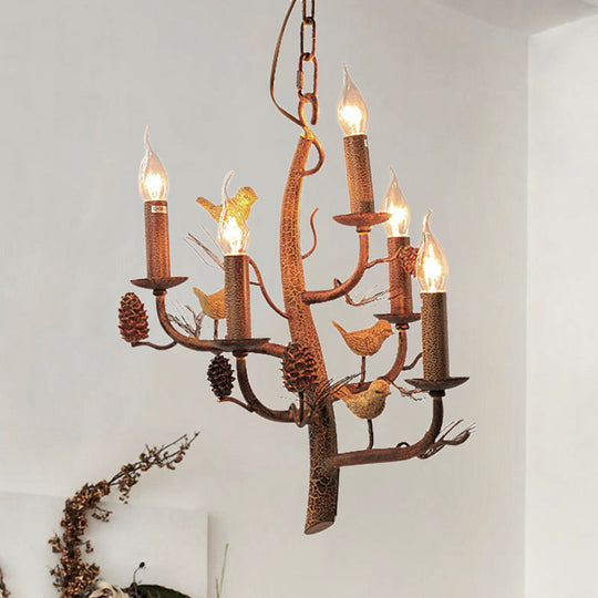 Rustic Metal Chandelier With Candle Dining Room Ceiling Fixture - 3/5 Lights Wood Hanging Design