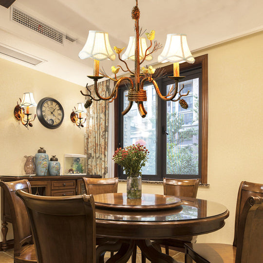 Rustic Brown Metal Pendant Chandelier: Scalloped Hanging Light With Fabric Shade - 3 Lights