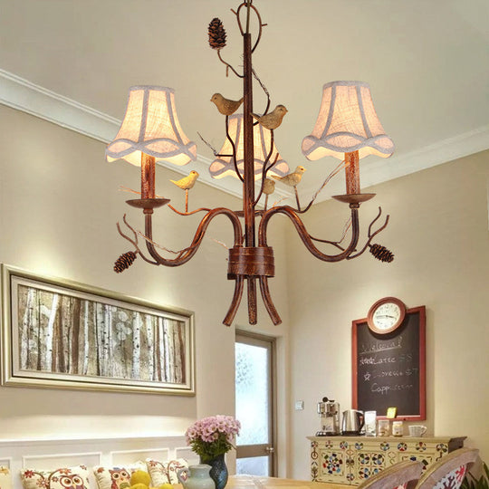 Rustic Brown Metal Pendant Chandelier: Scalloped Hanging Light With Fabric Shade - 3 Lights