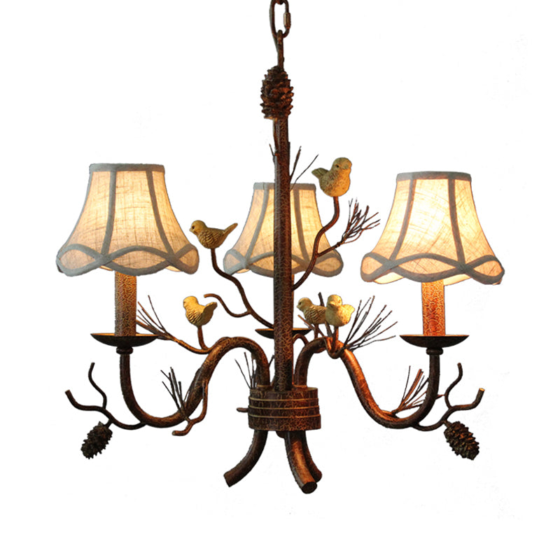 Rustic Brown Metal Pendant Chandelier: Scalloped Hanging Light With Fabric Shade - 3 Lights