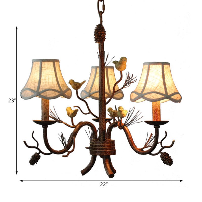 Rustic Brown Metal Pendant Chandelier: Scalloped Hanging Light With Fabric Shade - 3 Lights