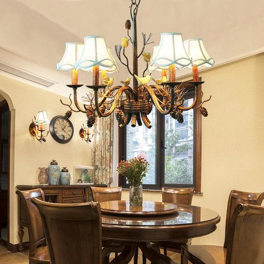 Rustic Metal Pendant Chandelier - 6-Light Scalloped Design In White With Fabric Shade And Pinecone