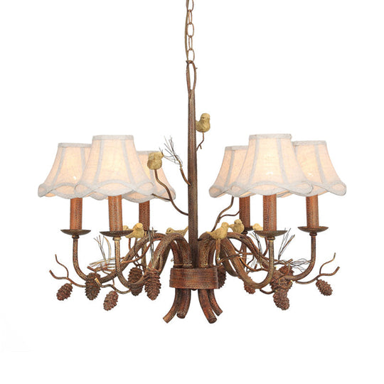 Rustic Metal Pendant Chandelier - 6-Light Scalloped Design In White With Fabric Shade And Pinecone