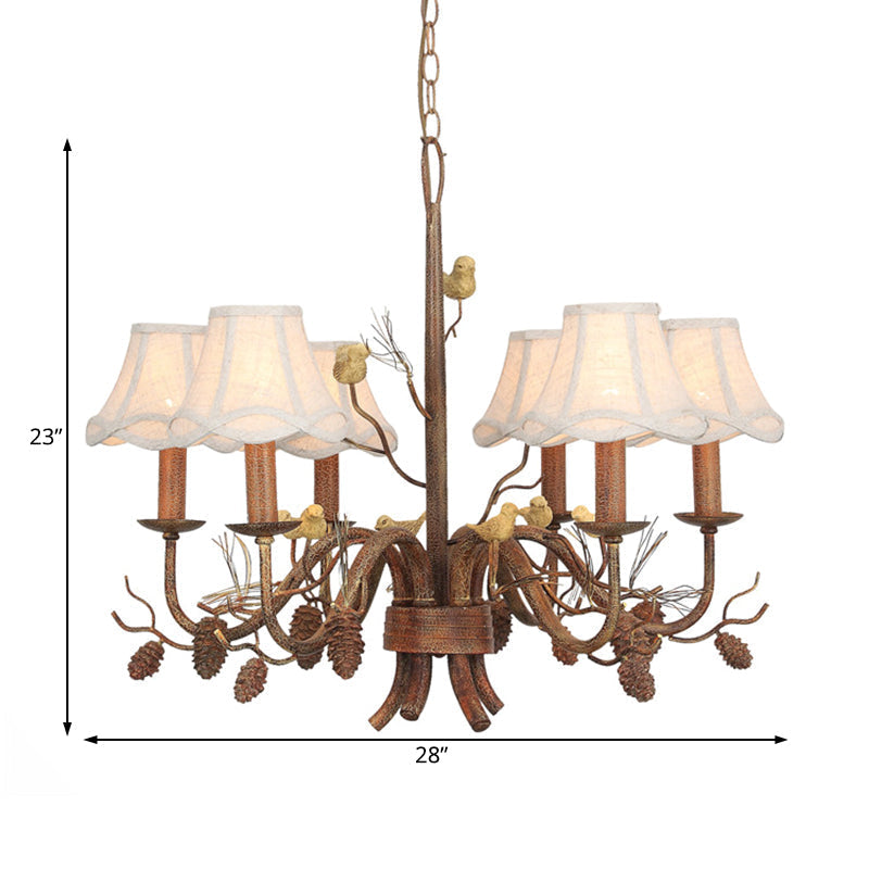 Rustic Metal Pendant Chandelier - 6-Light Scalloped Design In White With Fabric Shade And Pinecone