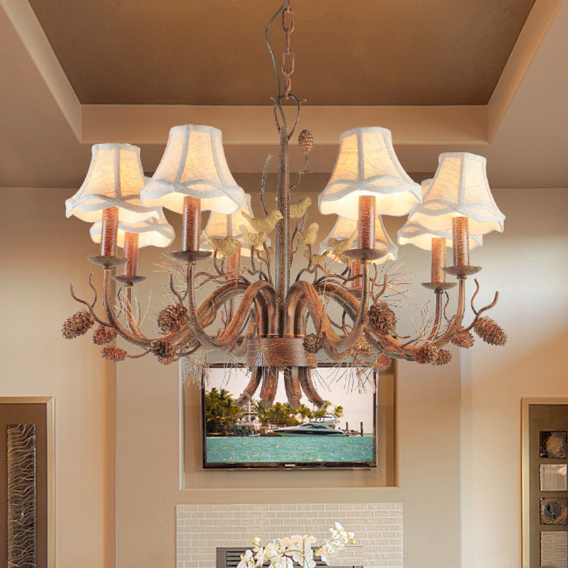 Rustic Metal Scalloped Pendant Chandelier - Brown 8 Lights With White Fabric Shade And Pinecone