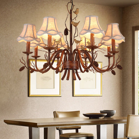 Rustic Metal Scalloped Pendant Chandelier - Brown 8 Lights With White Fabric Shade And Pinecone