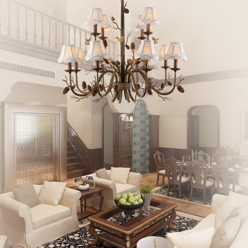 Rustic Brown Scalloped Chandelier With 12 Lights Metal Pendant Light Fixture And White Fabric Shade