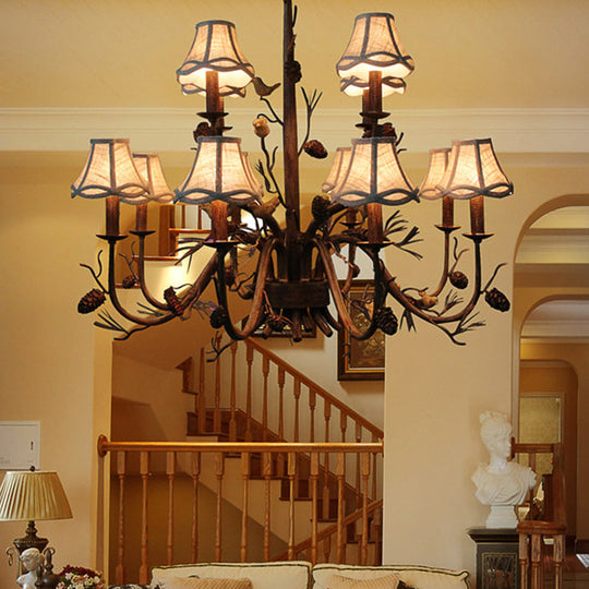 Rustic Brown Scalloped Chandelier With 12 Lights Metal Pendant Light Fixture And White Fabric Shade