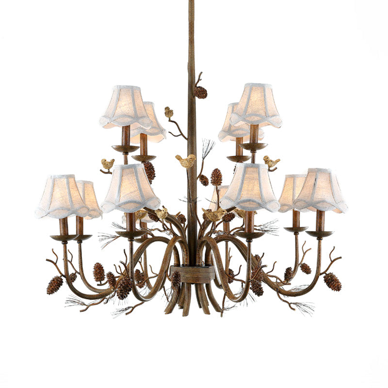 Rustic Brown Scalloped Chandelier With 12 Lights Metal Pendant Light Fixture And White Fabric Shade