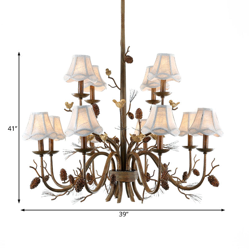 Rustic Brown Scalloped Chandelier With 12 Lights Metal Pendant Light Fixture And White Fabric Shade