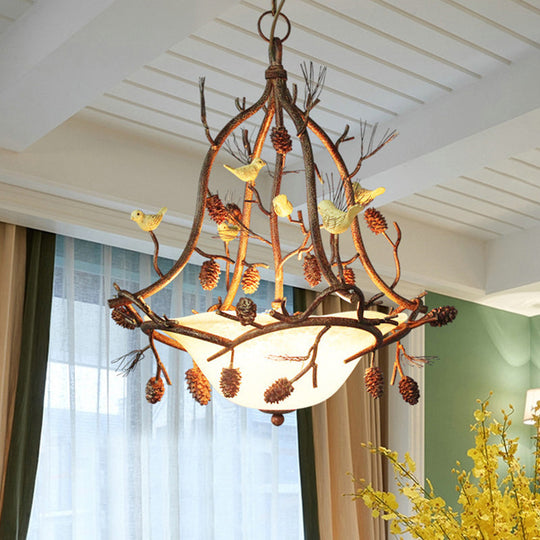 Frosted Glass Hanging Chandelier With Country Brown Finish - 3 Lights Bird And Pinecone Design Ideal