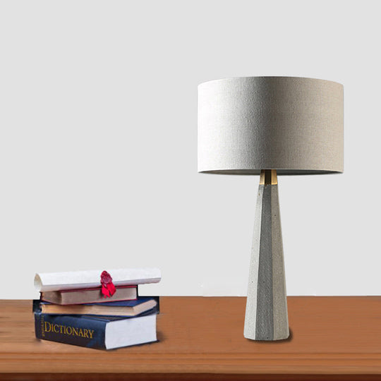 Simple Drum Fabric Table Lamp With Grey Tapered Cement Base - Ideal For Study Room Lighting