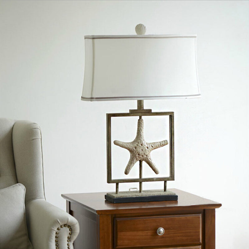 Vintage White Fabric Table Lamp With Starfish Design - 1 Light Trapezoid