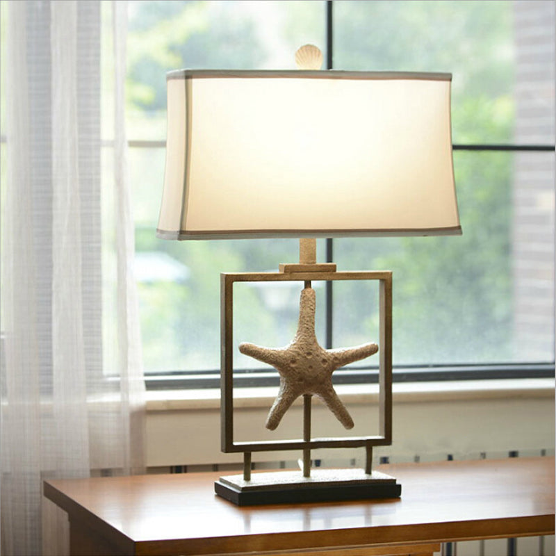 Vintage White Fabric Table Lamp With Starfish Design - 1 Light Trapezoid