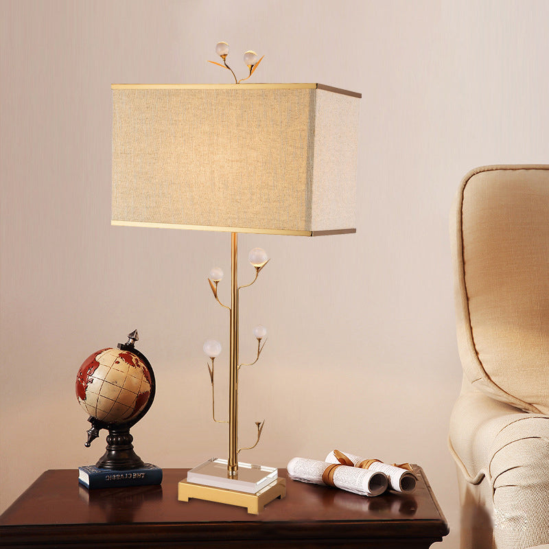 Vintage Beige Fabric Night Lamp With Gold Rod And Crystal Ball - 1 Light Rectangle Table