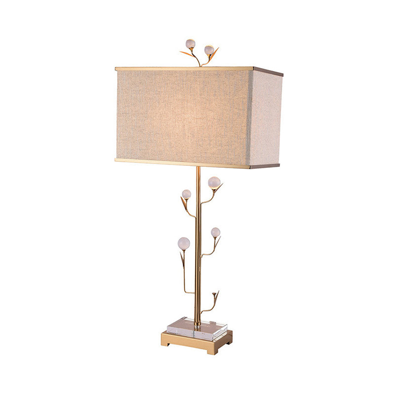 Vintage Beige Fabric Night Lamp With Gold Rod And Crystal Ball - 1 Light Rectangle Table