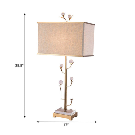 Vintage Beige Fabric Night Lamp With Gold Rod And Crystal Ball - 1 Light Rectangle Table