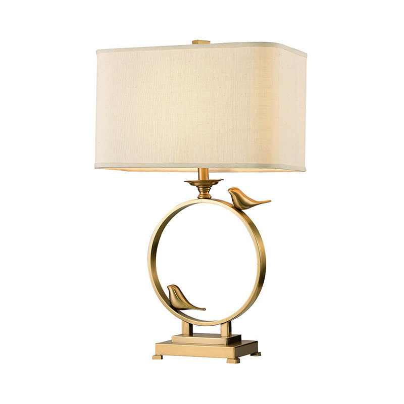 Vintage White Fabric Night Lamp With Gold Metal Base - 1 Light Rectangle Table