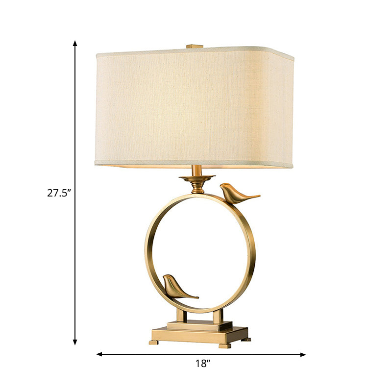 Vintage White Fabric Night Lamp With Gold Metal Base - 1 Light Rectangle Table