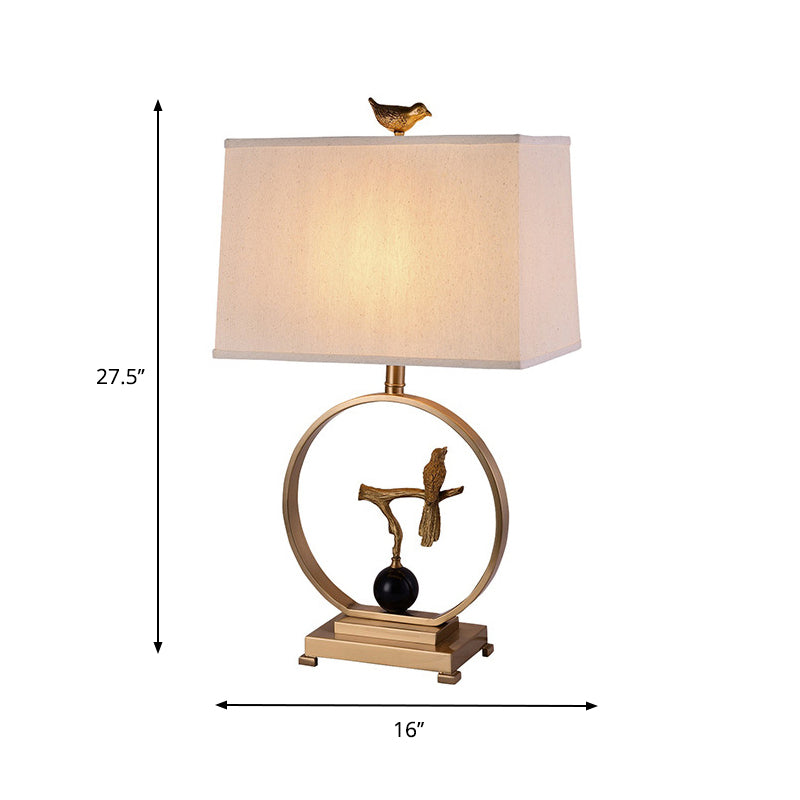 Vintage White Table Lamp With Gold Bird Design - Elegant 1 Light Rectangular Shape Fabric Shade