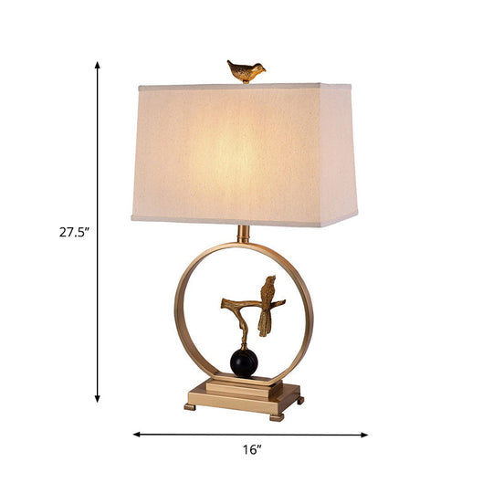 Vintage White Table Lamp With Gold Bird Design - Elegant 1 Light Rectangular Shape Fabric Shade