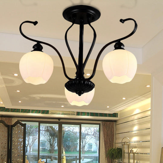 Classic White Glass Flower Shape Semi Flush Light For Living Room - 3/6/8 Lights Black Ceiling