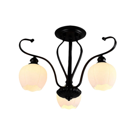 Classic White Glass Flower Shape Semi Flush Light For Living Room - 3/6/8 Lights Black Ceiling