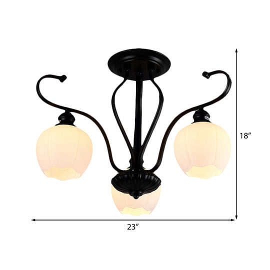 Classic White Glass Flower Shape Semi Flush Light for Living Room - 3/6/8 Lights - Black Ceiling Lighting