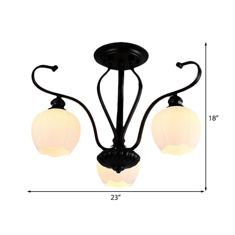 Classic White Glass Flower Shape Semi Flush Light For Living Room - 3/6/8 Lights Black Ceiling